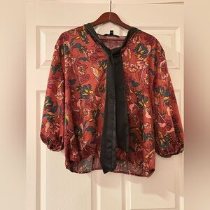 Marc New York Floral Faux Leather Neck Tie Blouse Size XL